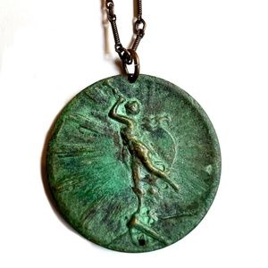 Ornamnetal Things Antiqued Brass Trumpet Playing Woman Pendant Necklace